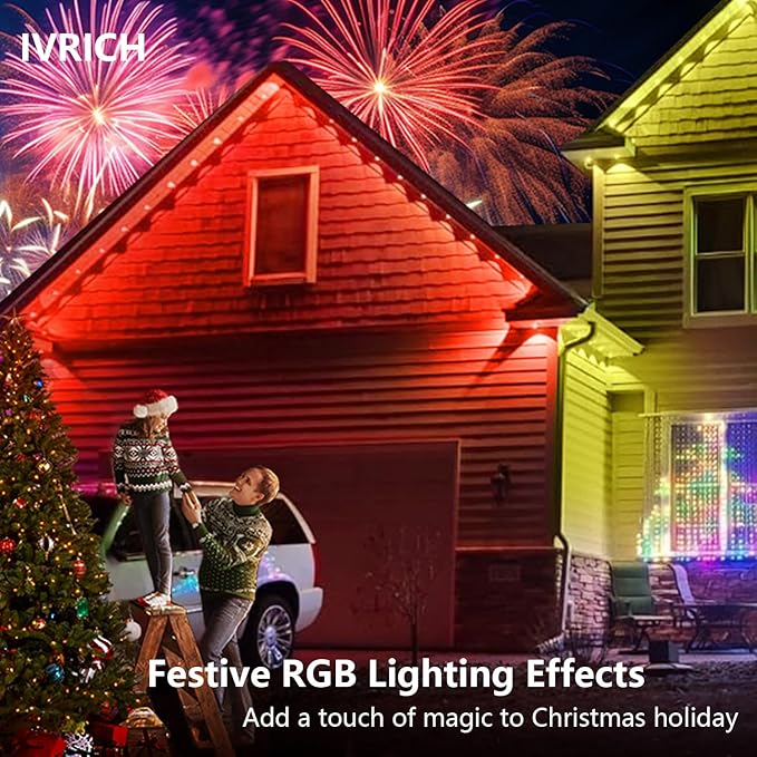 IVRICH 100FT Permanent Outdoor Lights, Smart RGB Eave Light with Color Changing, APP/Remote Control, IP67 Waterproof, Music Sync, Timer Function, for Christmas, Party, Holiday Decor