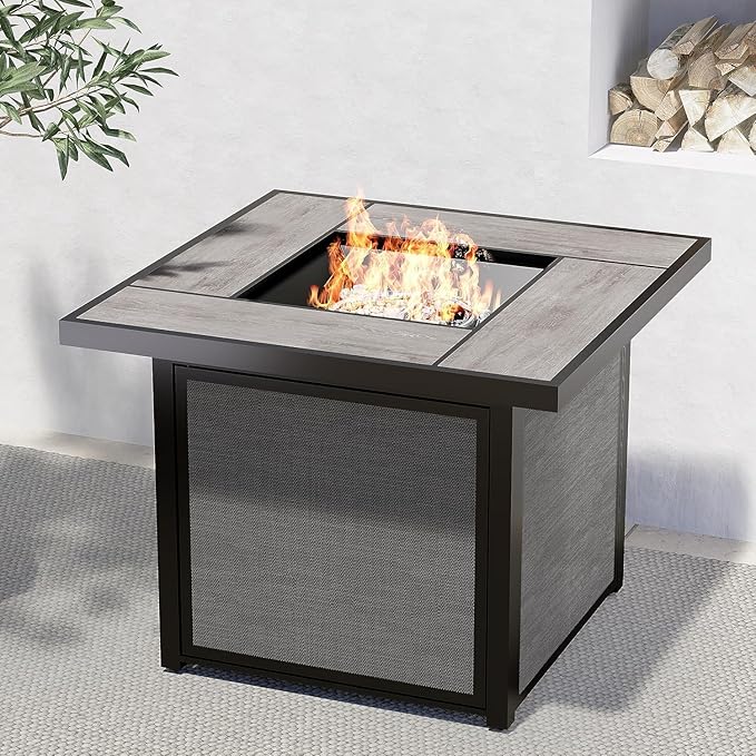 Grand Patio Outdoor Gas Fire Pit Table 32-Inch Square Propane Gas Fire Pit with CSA Safety Approval 50000 BTU Heat Sling Base Ceramic Tile Top and Lava Rock for Garden, Backyard, and Deck Parties