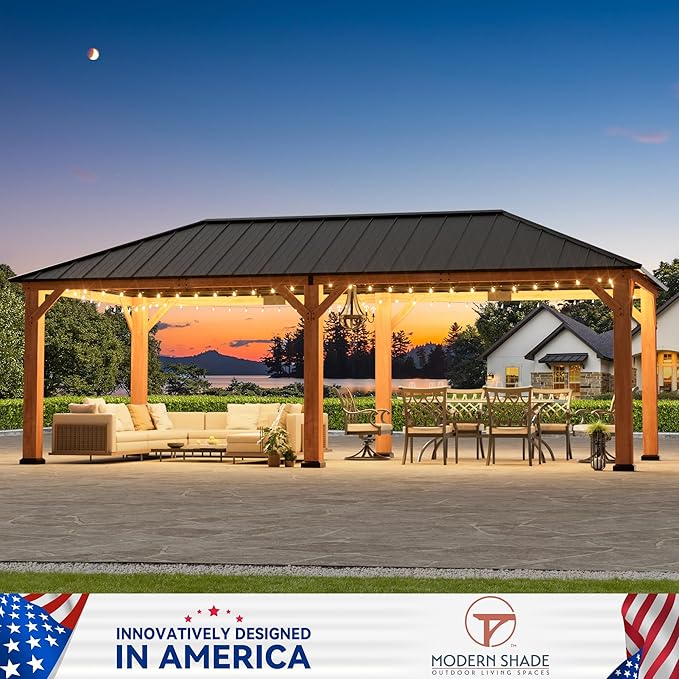 Modern Shade Tranquil Grove Wood Gazebo 12' x 24', Permanent Grill Gazebo with Galvanized Steel Hardtop Roof, Cedar Framed Wooden Pavilion for Garden, Backyard
