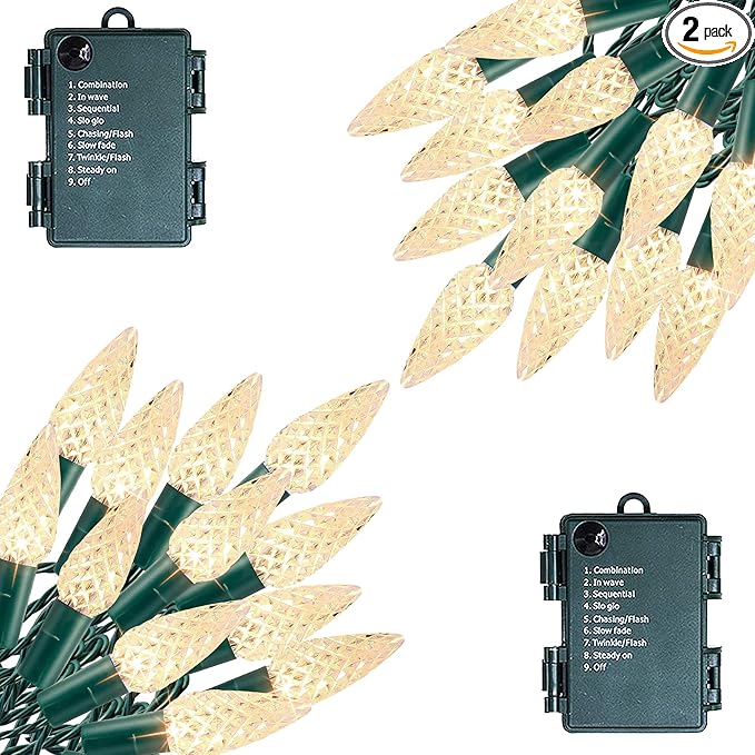 Dazzle Bright C6 Battery Operated Christmas Lights, 2 Pack Total 100LED 34FT Warm White Christmas Lights with 8 Modes, Waterproof Christmas Decorations for Xmas Indoor Outdoor Yard Tree House Decor