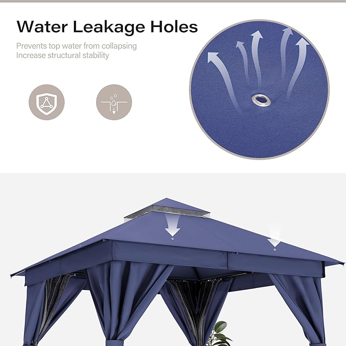LAUSAINT HOME 8x8ft Outdoor Patio Gazebo with Double Roof, Heavy Duty Waterproof Gazebo Canopy Tent with Mosquito Netting for Backyard, Garden, Lawn & Wedding, Navy Blue
