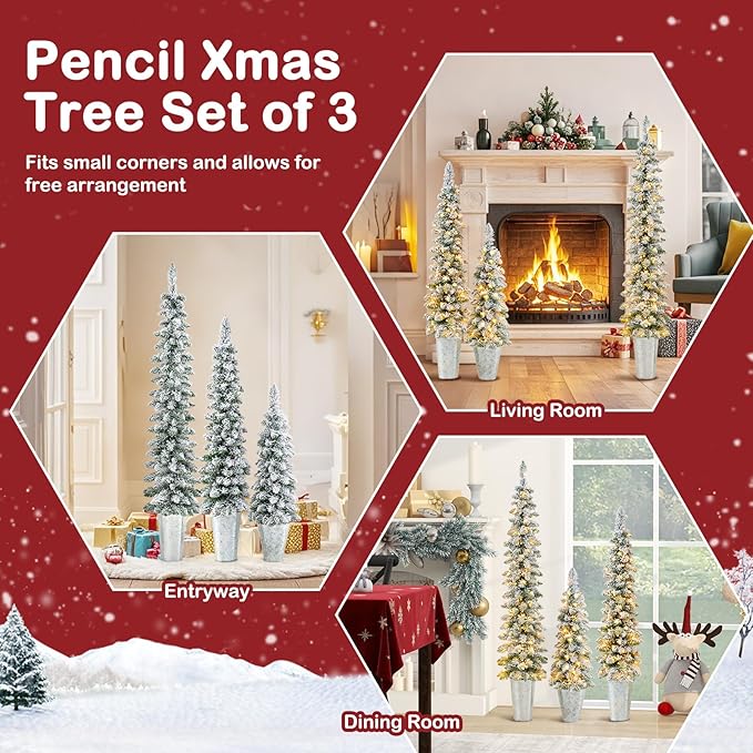 GOFLAME Set of 3 Pre-Lit Potted Christmas Trees, Snow Flocked Pencil Christmas Tree Set 3Ft, 4Ft and 5Ft with Warm White LED Lights, Timer, Holiday Decoration Tree for Home Party