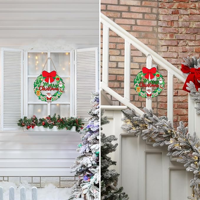 Merry Christmas Wreath Hanging Sign For Front Door, Wooden Welcome Sign With Christmas Tree For Festive Office Rustic Farmhouse Wall Window Decoration (Wreath)