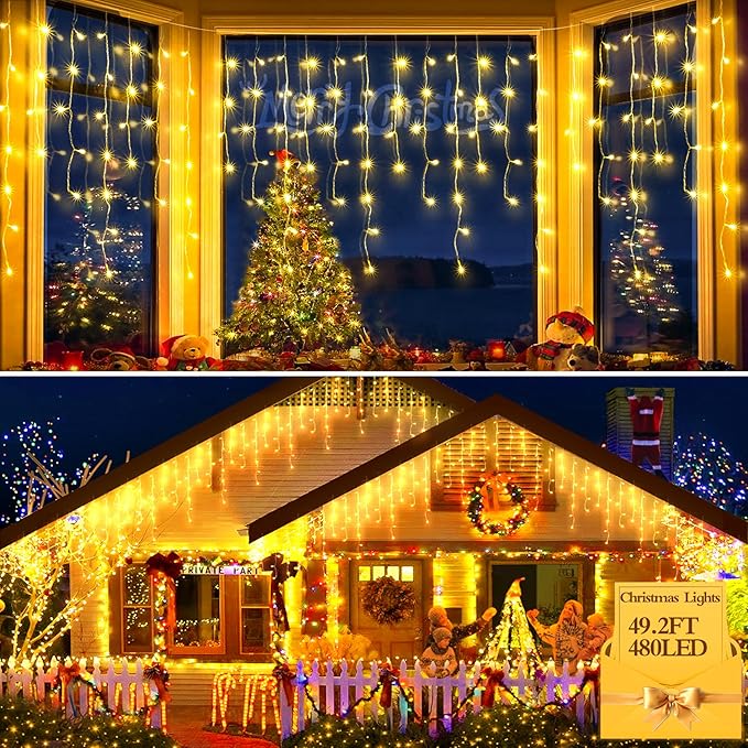 480 LED 49FT Christmas Lights Plug in 8 Modes with Timer Dimmable Ice Lights Outdoor Waterproof Indoor Ice String Lights for Roof Porch Garden Holiday Wedding Xmas Decor (Warm White)