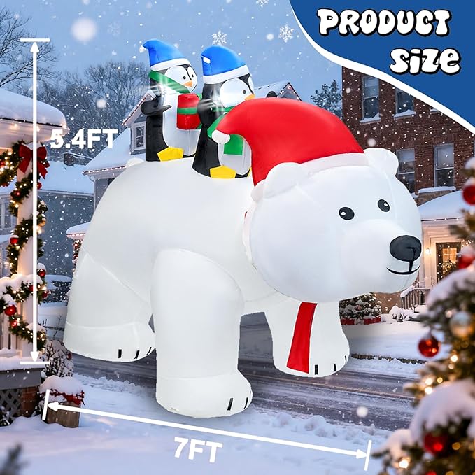 DearSun 7FT L Christmas Inflatable Penguins on Polar Bear with Shakable Head, Blow up Christmas Inflatable with Build-in LED Lights Outdoor Party Yard Decoration