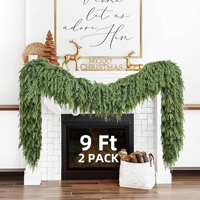 Cedar Christmas Garland for Mantle - 2 PACK Decorations with Lights 9 ft Realistic Lighted Faux Pine Garlands for Xmas Stairs Railing Fireplace Prelit Home Decoration Indoor Outdoor Garland Door Decor