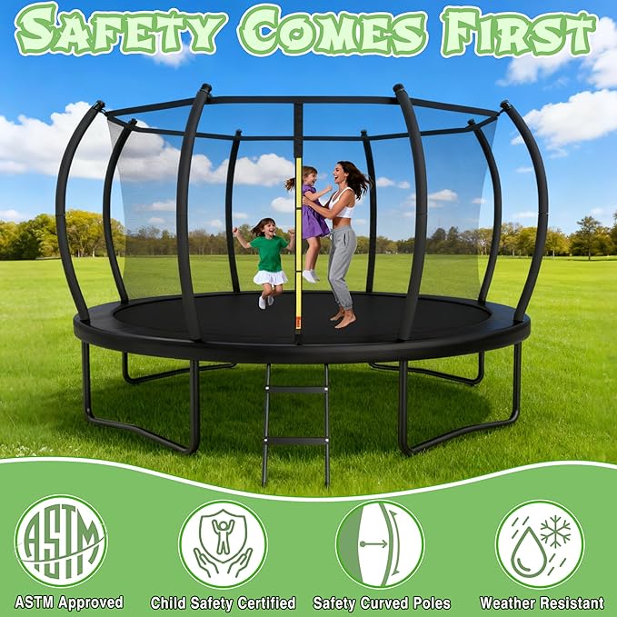 Trampoline Outdoor 14FT with Safety Enclosure Net and Ladder, ASTM Approved Recreational Trampoline for Kids and Adults, Rust-Resistant Frame