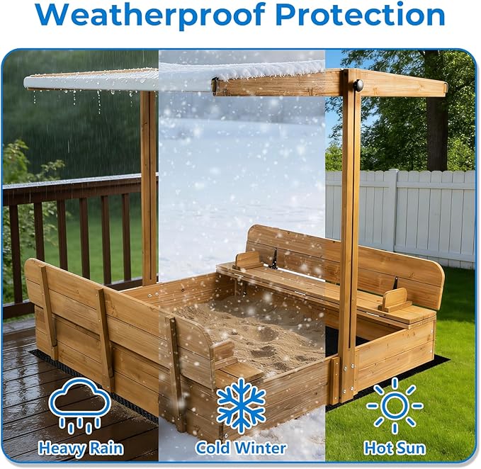 Large Wooden Kids Sandbox with Lid, Outdoor Weatherproof Sand Box with Covers, 2 Foldable Benches, Adjustable Height Canopy, Gift for Kids Aged 2-8 (47x47in)