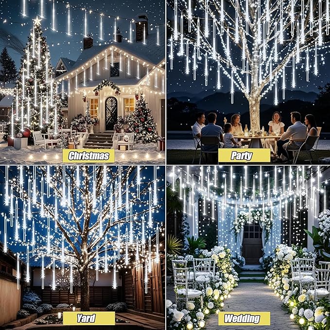 Christmas Lights Outdoor UL Certified 24 Tubes 576 LEDs (Equivalent to 3 Sets of 8 Tubes) Meteor Shower Light Falling Rain Drop Icicle Lights for Christmas Decorations Halloween Decor, White