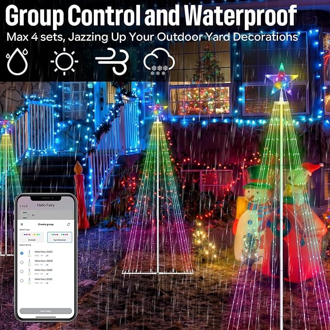 6ft DIY Outdoor Christmas Trees for Yard with 47 Prelit Lights 265 LED Christmas Tree Lights Color Changing Sync Musical APP & Remote Control Christmas Tree Light Show for Multicolor Decorations