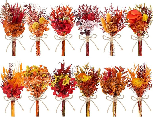 12/24 PCS Charming Dried Flowers Bouquet for Vase Various Dried Wildflowers with Stems Mini Handmade Wildflowers Natural Real Flowers Bulk Flowers Craft (Burnt Orange Series, 12PCS)