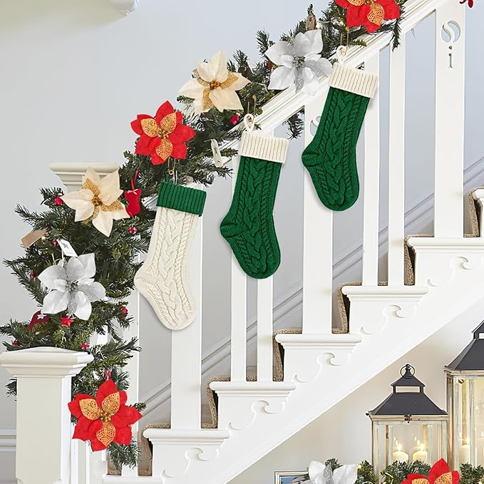 Personalized Christmas Stockings 18 Inches Large Size Cable Knitted Stocking Gift and Decorations for Holiday Family Xmas Party (Green and White, Pack of 2)