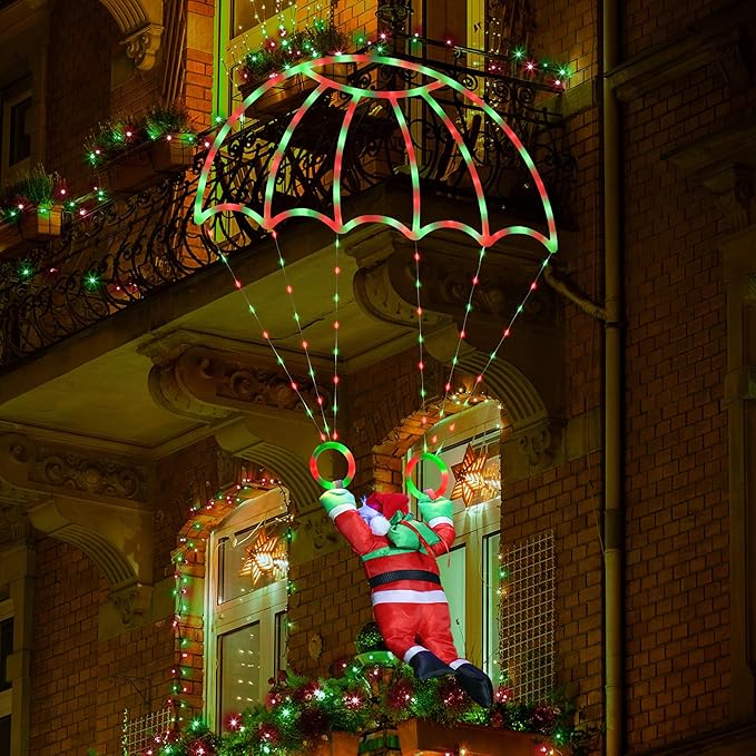Christmas Decorations Lights Outdoor, 2.8ft LED Christmas Parachute Light with Santa Claus, 8 Modes & Timer Battery Operated Hanging Xmas Lights for Roof Eave Balcony Home Garden Decor (Red Green)