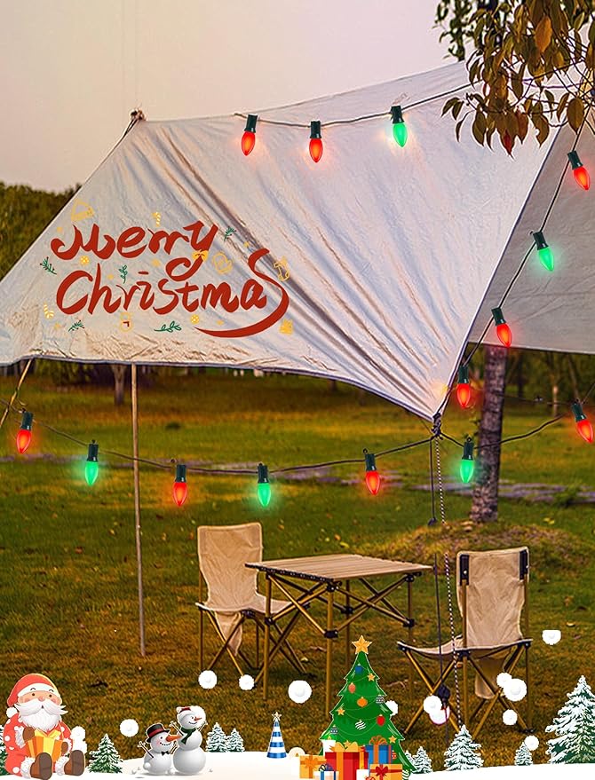 25Ft C9 LED Christmas Lights Outdoor, C9 Red and Green Christmas String Lights with 26 LED Shatterproof Bulb, Hanging Vintage Christmas Lights for Patio Xmas Tree Roofline Wedding Party Backyard Decor