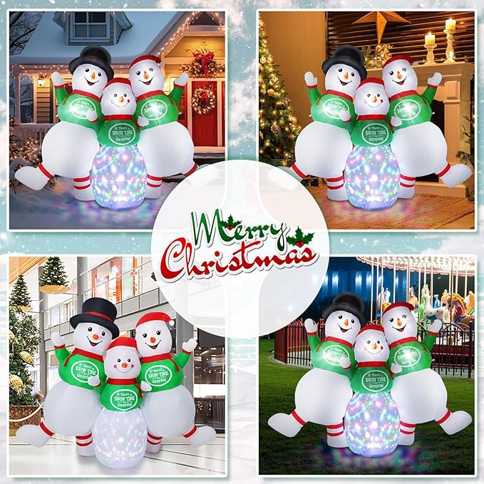 6.5FT Christmas Inflatable Snowman Decorations - Blow Up Christmas Outdoor Snowman Family with Rotating Colorful LED Light & Top Hat, Xmas Inflatable Decor for Yard Lawn Garden Holiday Party