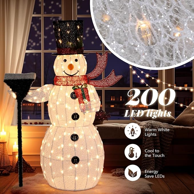 VINGLI 5ft Lighted Christmas Snowman Outdoor Decorations, with Mesh Cloth and Broom, Pre-lit 200 LED Lights Snowman Christmas Ornament Indoor Home Yard Decor