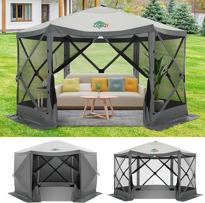 COBIZI 12x12ft Pop up Gazebo on Clearance Screen Canopy Tent for Camping, Camping Outdoor Screened Gazebo with Sidewalls, Portable Hub with Carrying Bag and Ground Stakes, Grey(Upgraded 2.0)