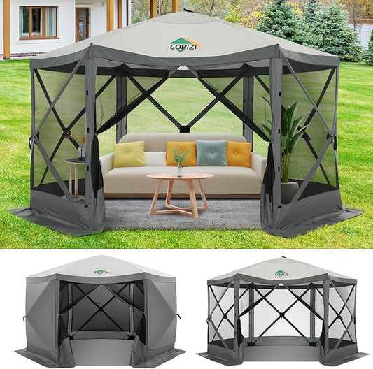 COBIZI 12x12ft Pop up Gazebo on Clearance Screen Canopy Tent for Camping, Camping Outdoor Screened Gazebo with Sidewalls, Portable Hub with Carrying Bag and Ground Stakes, Grey(Upgraded 2.0)