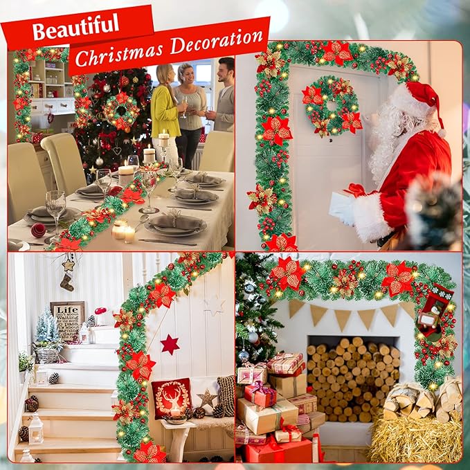 Christmas Garland,Christmas Garland with Lights,Xmas Decor,9 ft Rattan Artificial Flower Vine Plants Xmas Decorations for Indoor Outdoor Home Mantel Fireplace Stairs