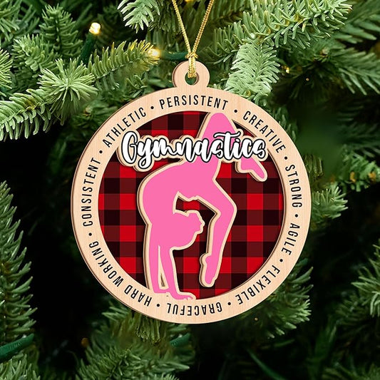 Gymnastics Ornament for Girls – 2-Layer Wooden Christmas Ornament for Gymnasts, Plaid Gymnastics Christmas Tree Decor, Gymnast Gifts for Girls 2025