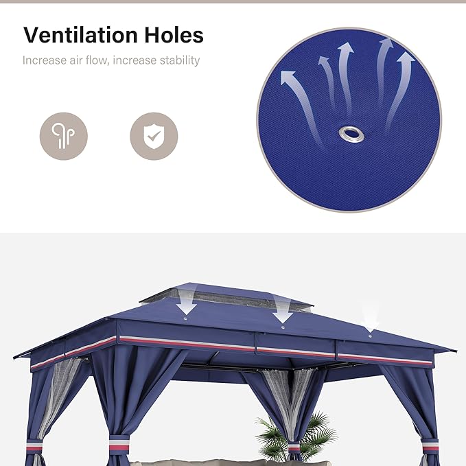 LAUSAINT HOME 10x13ft Outdoor Patio Gazebo with Double Roof, Heavy Duty Waterproof Gazebo Canopy Tent with Mosquito Netting for Backyard, Garden, Lawn & Wedding, Classic Blue