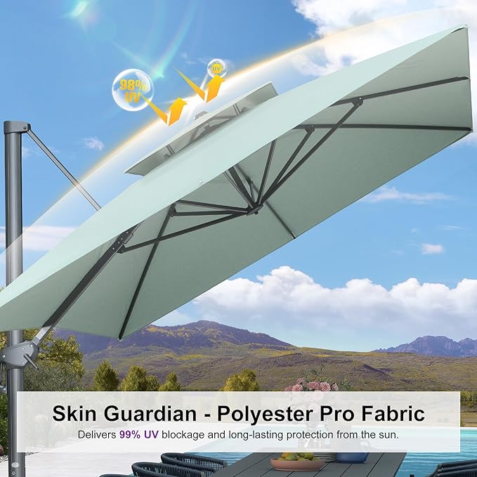 PURPLE LEAF 10' x 13' Cantilever Patio Umbrella Outdoor Umbrella with 330lbs Base Large Rectangular Windproof Offset Umbrella for Pool Deck Garden, Mint Green