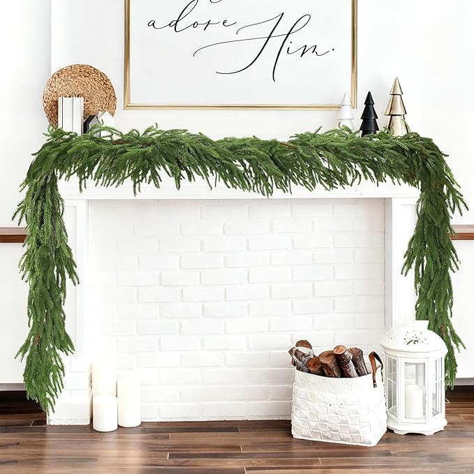 2 Pcs 6 Ft Artificial Norfolk Pine Garlands, Real Touch Christmas Pine Garland, Green Artificial Greenery Garland for Table, Mantle, Wall, Indoor, Outdoor Christmas Decorations