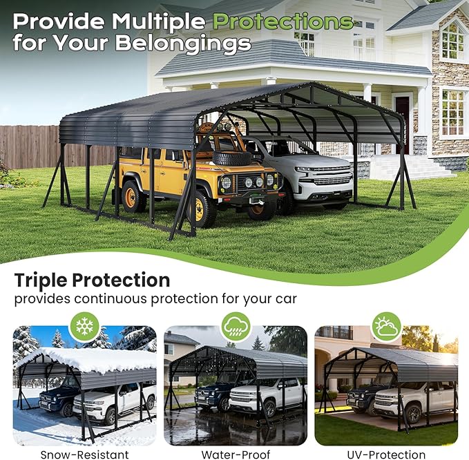 20x20FT Metal Carport, Heavy Duty Car Garage w/Reinforced Support Rods and Windproof Ground Anchors, All-Weather Multi-Use Outdoor Shelter for Car, Boats and Truck