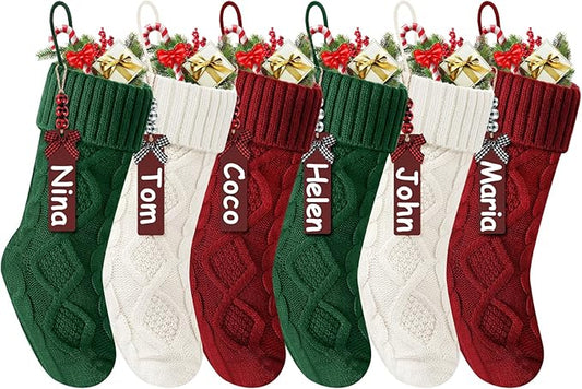 Christmas Stockings 18 Inches,Long Knitted Stocking with Name Tags, Christmas Decoration Hanging Stockings Fireplace Xmas Tree Ornaments for Home Family