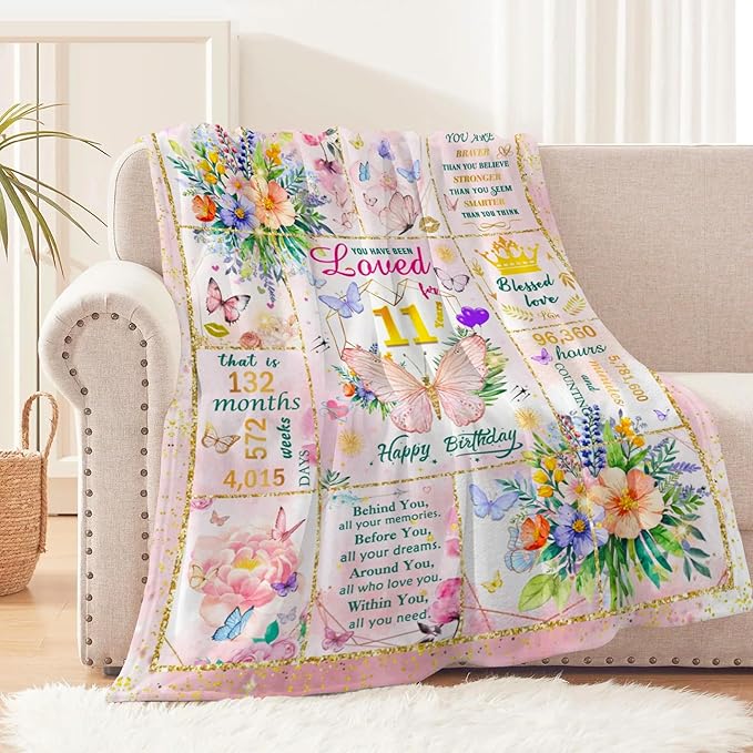 11 Year Old Girl Birthday Gifts, Gift for 11 Year Old Girl, Super Soft Cool Funny Pink Butterfly Flower Blanket for Girls, 11th Birthday Decorations for Girls, Warm Cozy Plush Fuzzy Blanket 50"x40"