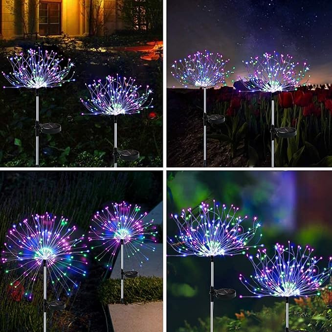 2 Pack Solar Garden Lights 240 LED - Waterproof Firework Starburst Outdoor Lights with 8 Mode, Solar Powered Flower Firework Light for Garden, Pathway, Patio, Yard, Flowerbed Decor Colorful