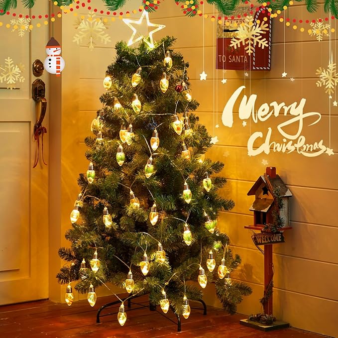 Brightown Christmas Lights Indoor, 7.5Ft Christmas Snow Globe Lights with Berry & Pine Needles,Battery Powered String Lights for Tree Garland Party Xmas Decor