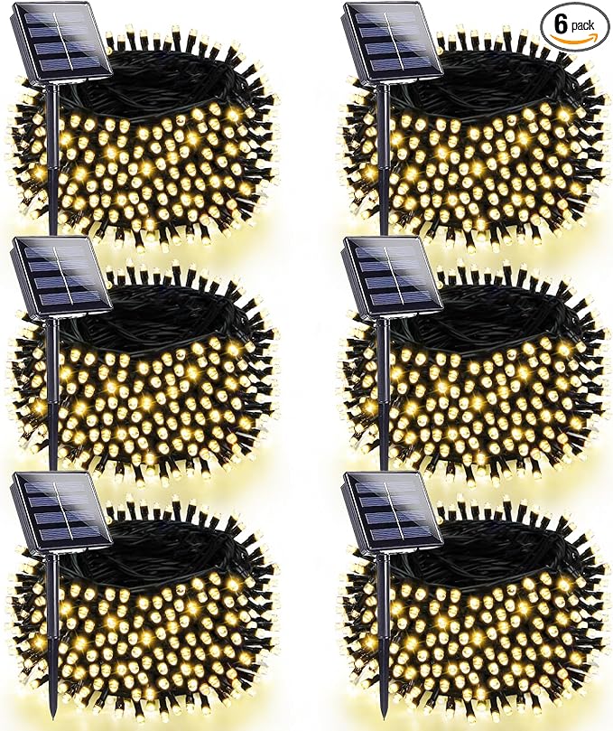 6 Pack 270FT Solar Christmas Lights Outdoor Waterproof, Super Bright 480 LED Solar String Lights with 8 Lighting Modes, Green Wire Solar Twinkle Tree Lights for Outside Xmas Party(Warm White)