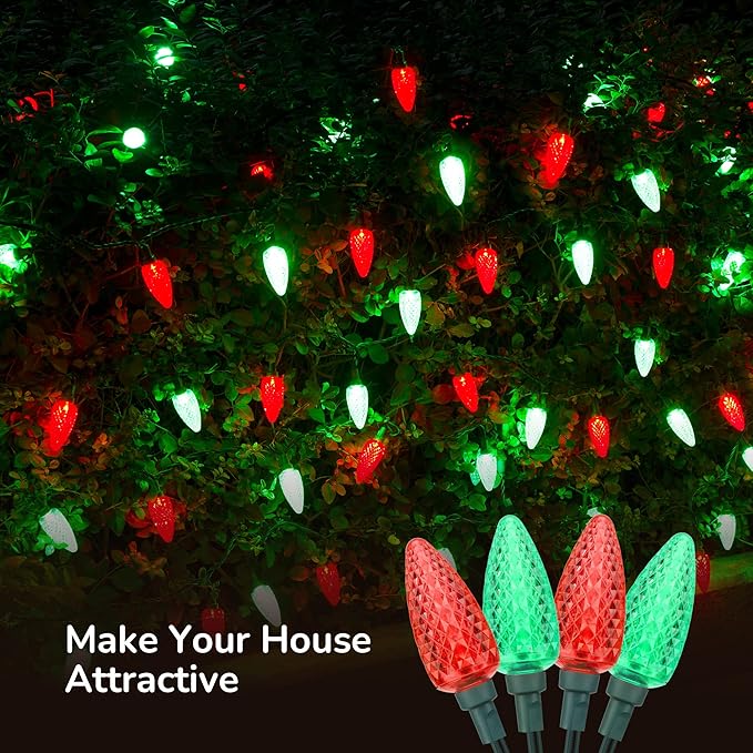 DEWENWILS C9 Christmas Lights Outdoor, 33.3ft 50LED Christmas Tree Lights, Waterproof, Big Christmas Lights, Extendable for Wedding Party Christmas Decoration, Green Wire, Red & Green, UL Listed