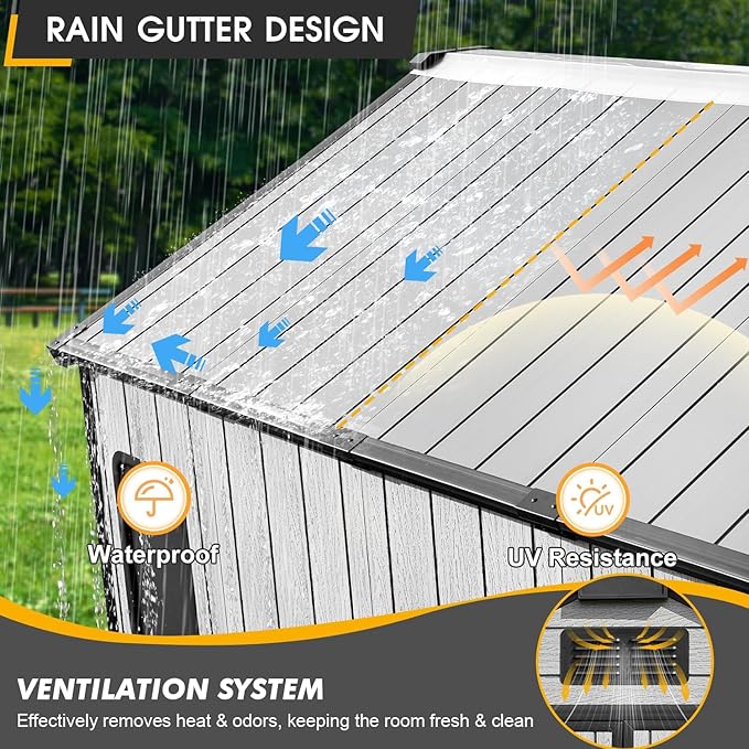 8 x 8 FT Resin Outdoor Storage Shed, All-Weather Plastic Garden Shed with Floor, Lockable Doors & Windows, Plastic Tool Shed for Poolside, Backyard, Patio
