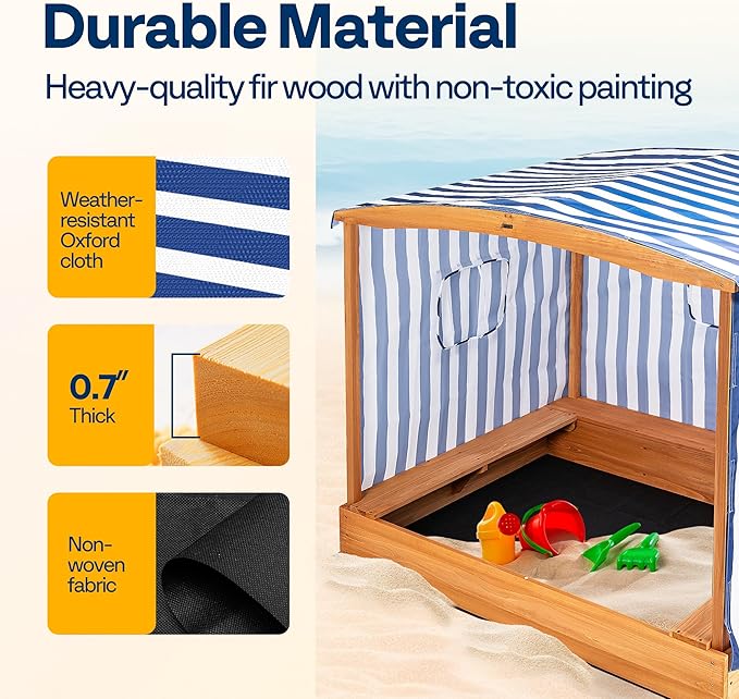 VIVOHOME 58x48in Wood Sandbox with Detachable UV-Blocking Canopy & Ventilation Windows, Spacious Outdoor Play Area with 3 Sturdy Benches, Bottomless Drainage Design for Kids 3+