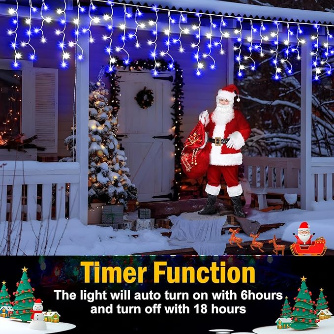Christmas Lights Outdoor, 2 Pack Total 98FT 960 LED Ice Lights for Outside with 180 Drops 8 Modes Timer Memory, Plug in Waterproof for Holiday Eaves Yard Roof Party Decor (Blue and Cool White)