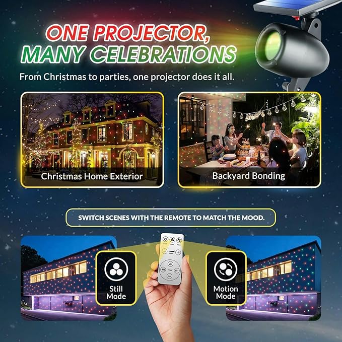 STARTASTIC Solar Wireless Christmas Lights Show Projector, LED Solar Outdoor Christmas Decorations Without Wires for Easy Installation, Auto-On, Remote Control, Waterproof, 5 Modes, for House, Party