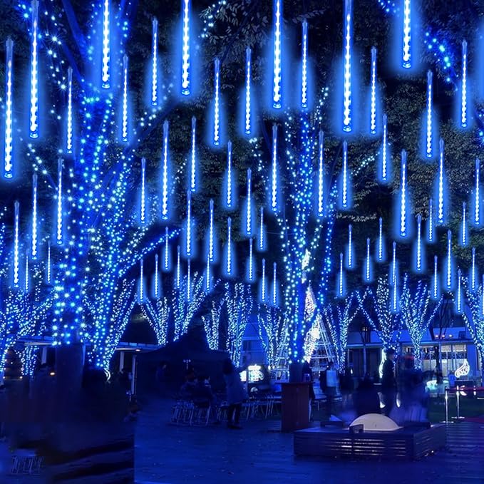 2 Pack Christmas Decorations Lights Outdoor, Extendable Meteor Shower Lights with Timer, Total 384LED 30cm 16 Tubes Indoor Outdoor Rain Light Cascading String Light for Xmas Garden Party Decor (Blue)