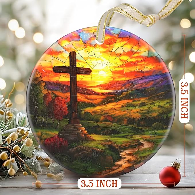 Cross Christmas Ornament, 3.5 Inch Ceramic Christian Ornament, Christmas Tree Ornaments, Christian Gifts, Religious Gifts, Thanksgiving Gifts, Perfect for Holiday Party, Tree, Window