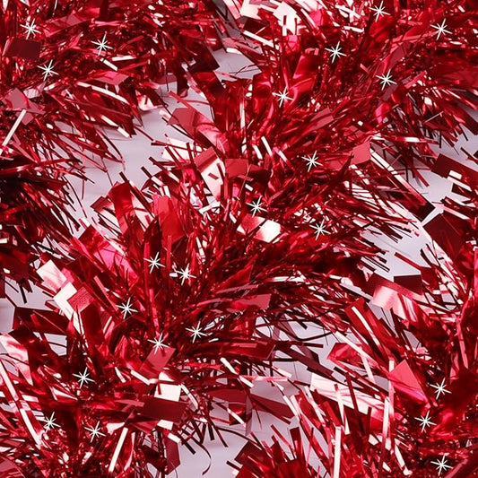 50Ft Christmas Tinsel Garland, Red Metallic Twist Garland for Xmas Tree Decorations, Tinsel for New Year Party Ceiling Hanging Decorations Indoor and Outdoor Decor Supplies
