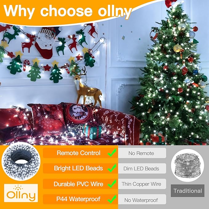 Ollny Christmas Lights 262FT 800LED, Plug-in Outside Tree Lights with Timer and 8 Modes, Remote Control Waterproof Dimmable Outdoor String Light for House Yard Patio Xmas Decorations(Cool White)