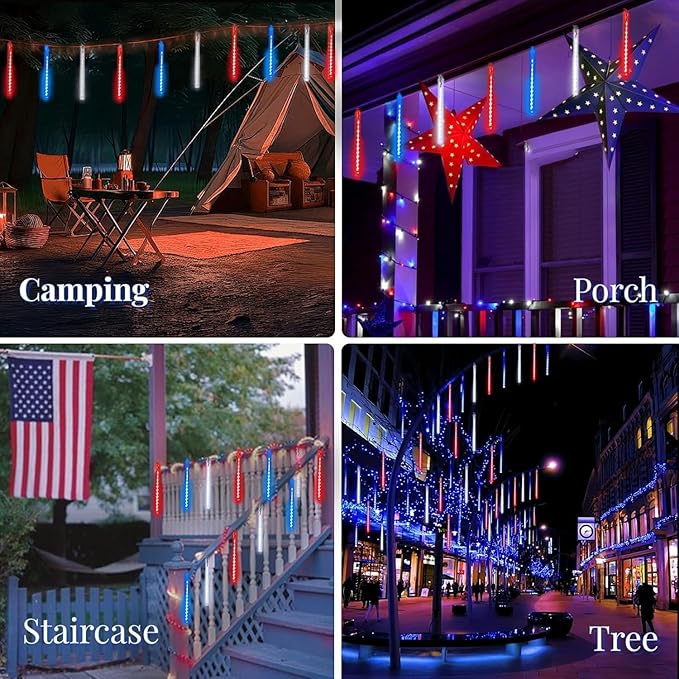 2-Pack Christmas Decorations Lights Outdoor, Total 432LED Meteor Shower Light with Timer, 30cm 18 Tubes Indoor Outdoor Snow Cascading String Light for Xmas Tree Party Garden Decor (Red White and Blue)