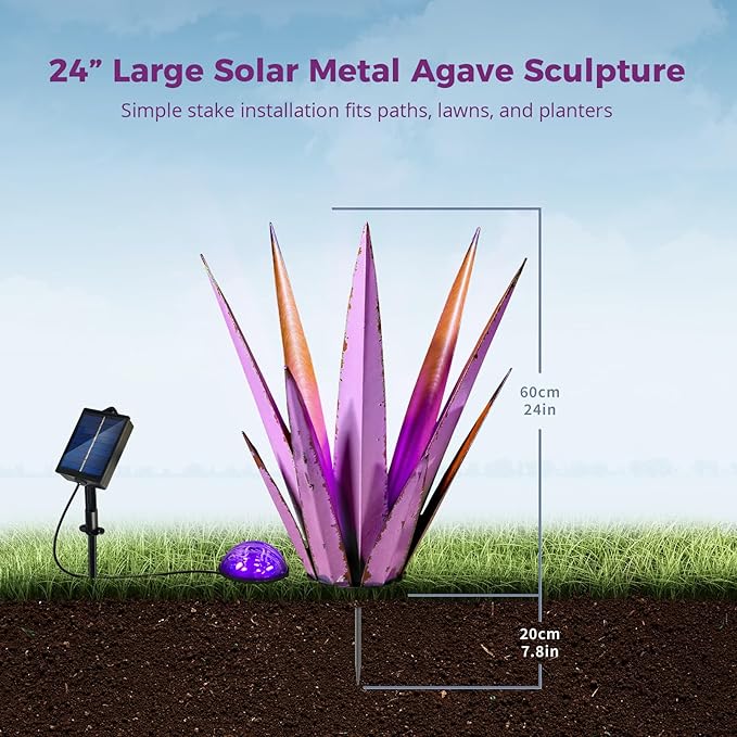 24” Large Solar Metal Agave Plants Outdoor Decor, Tequila Rustic Sculpture Outdoor Statues, Garden Sculpture for Patio Path Courtyard and Lawn (Vintage Purple-Solar Light)