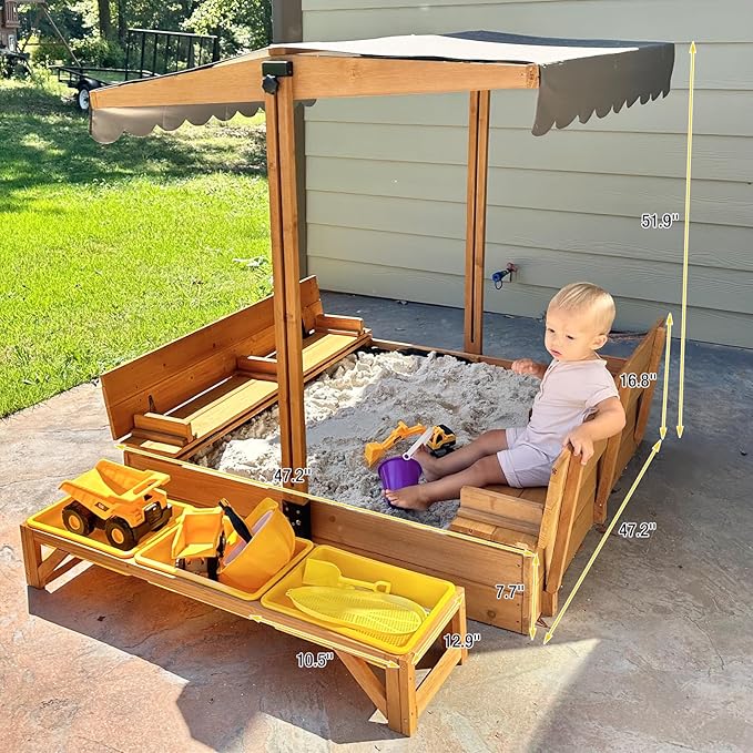 Aivituvin Kids Sand Boxes with Lid and Canopy, Outdoor Sandboxes with Cover, Foldable Bench Seats, Retractable Roof, Sand Table for Kids Ages 4-8 (Brown with Toy Bins)