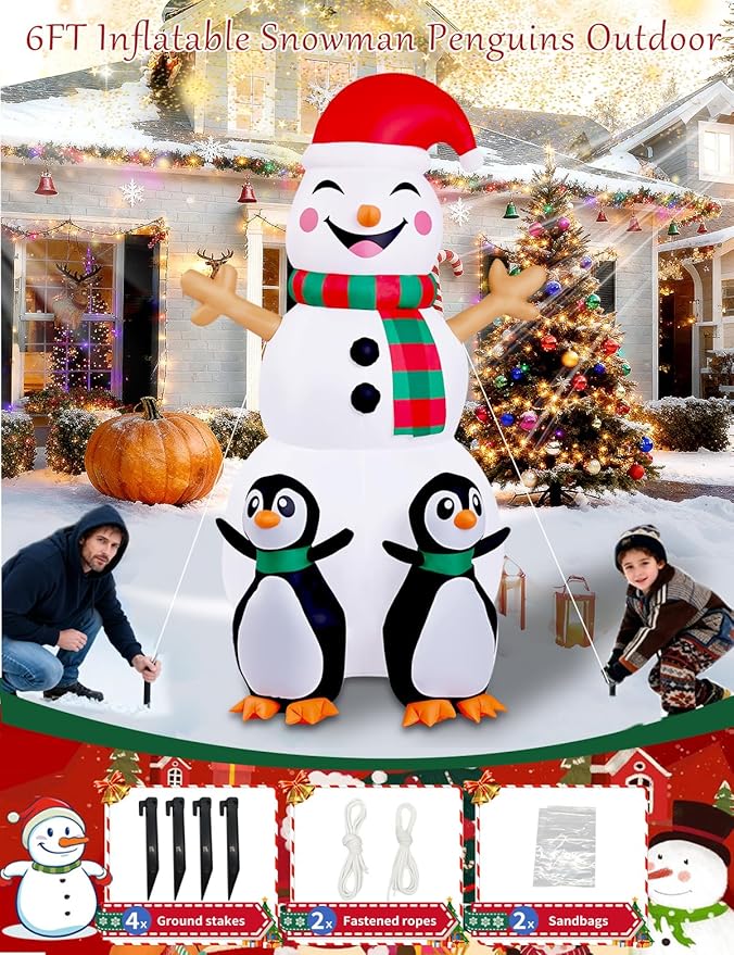 6FT Christmas Inflatables Outdoor Decorations,Inflatable Snowman with 2 Penguins Build-in LED Light-Christmas Blow Up Yard Decorations for Indoor/Outdoor Holiday Garden Lawn Yard Patio
