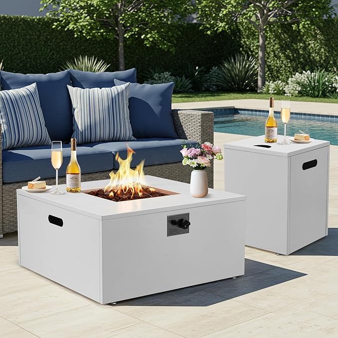 ECOTOUGE 2 Piece 32 Square Propane Fire Pit Table wirh Tank Holder, 50,000 BTU Outdoor Gas Fire Pit with Lid, Steel Fireplace w/Weather Cover, Lava Rocks for Patio, CSA Certified, White