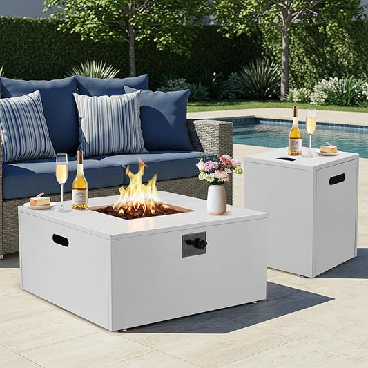 ECOTOUGE 2 Piece 32 Square Propane Fire Pit Table wirh Tank Holder, 50,000 BTU Outdoor Gas Fire Pit with Lid, Steel Fireplace w/Weather Cover, Lava Rocks for Patio, CSA Certified, White