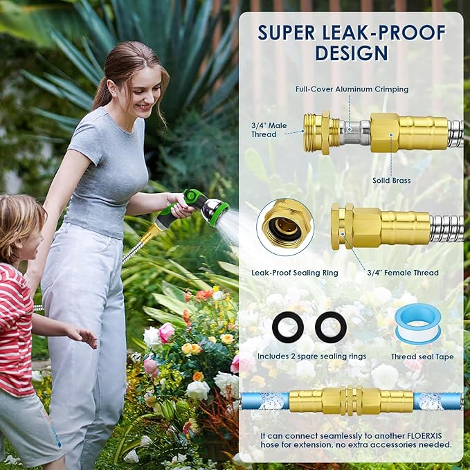 50 FT Stainless Steel Garden Hose with 10-Function Spray Nozzle, Kink-Free Flexible Metal Water Hose, Solid Brass 3/4'' Connectors, Heavy Duty, Durable, Leak-Proof, Lightweight, Tangle-Free