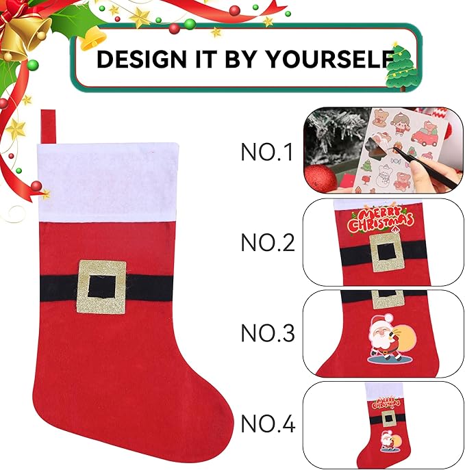 12 Pack Felt Christmas Stockings with Buckle, 19 Inches Red and White Christmas Stockings Hanging Ornaments, White Cuff with Buckle Christmas Stocking for Family Christmas Holiday Decorations